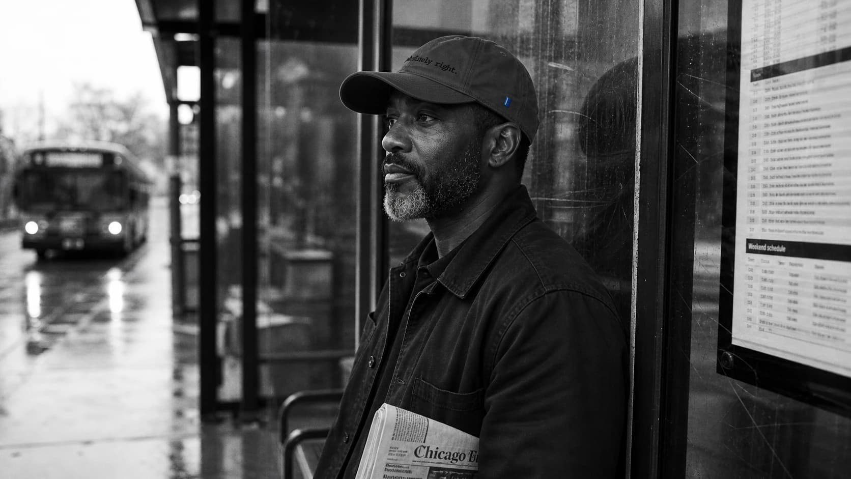 A man wearing a Mostly Human cap at a rainy bus stop