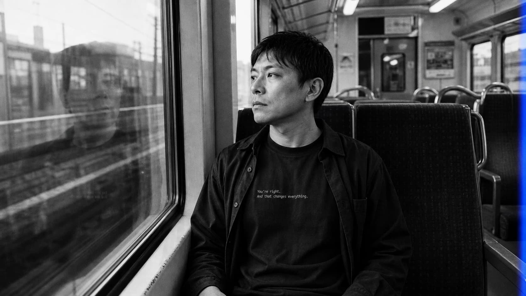 A man wearing a Mostly Human shirt and looking through the window of a regional train
